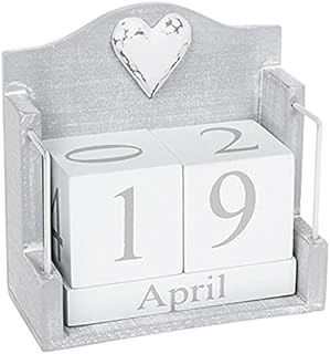 Joe Davies Provence Cool Grey Perpetual Calendar With White Shabby Chic Heart Decoration - 12 x 12 x 6cm