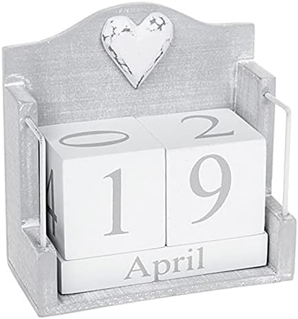 Joe Davies Provence Cool Grey Perpetual Calendar With White Shabby Chic Heart Decoration - 12 x 12 x 6cm