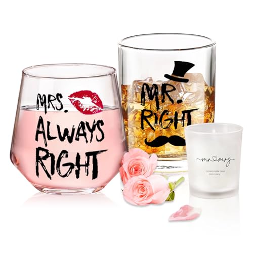 Anniversary Wedding Gifts: Whiskey & Wine Glasses for Couple - Mr. & Mrs. Gifts for Bride & Groom