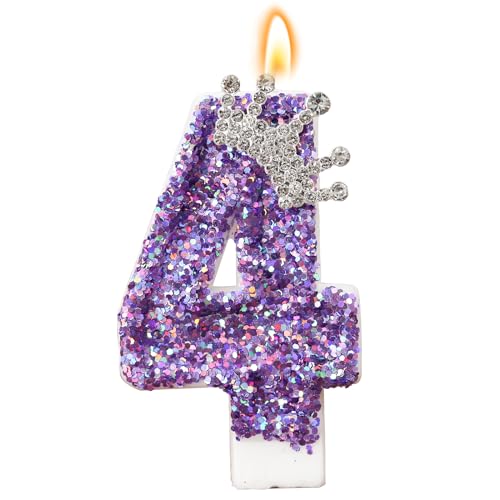 Birthday Number Candles,Purple Crown Birthday Candles for Cake,Glitter Number 4 Candle Cake Topper with Sequins for Anniversary Celebrations Supplies (Number 4)