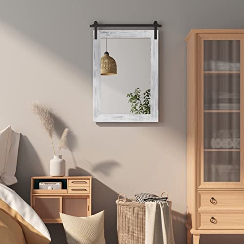 Image of COGOOD Farmhouse Barn Door Mirror - 26 inch X 17 inch Rustic Wood Framed Wall Mirror for Bathroom, Living Room, Entryway Wall Decorative (White)