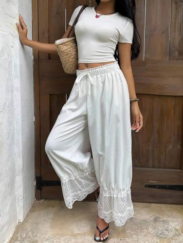 Image of UAURORAO Women Lace Trim Bloomer Pants Flowy Culottes Pantaloons Bloomers