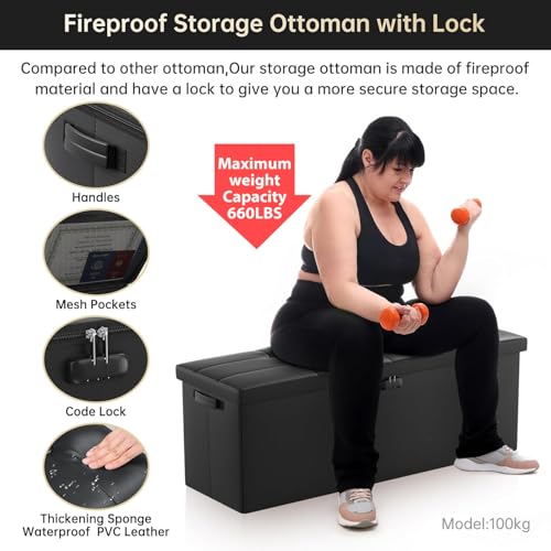 DocSafe Storage Ottoman Bench,Fireproof&Waterproof Folding Bench with Lock(15”x 43”x15”),Leather Storage Chest with Handles&2 Extra Boxes,Ottoman Safe for Bedroom,Living Room,Home Office,Black