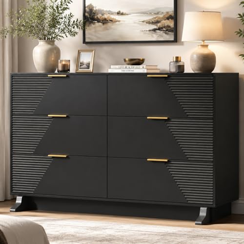 Image of Gyfimoie 47.24 inch Wide Dresser for Bedroom, 6 Drawer Black Dresser with Gold Metal Handle & Fluted Design, Chest of Drawers with Sturdy Base, Wood Dressers for Bedroom, Living Room, Hallway