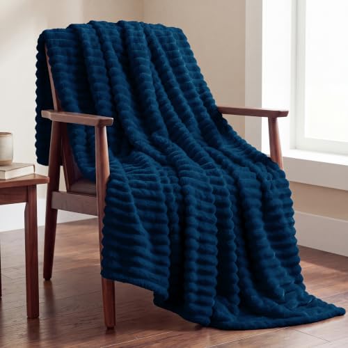 Utopia Bedding Fluffy Striped Fleece Blanket Navy Throw, 50x60 Inches | Warm, Lightweight, Ribbed, Soft, Cozy, Bed, Sofa, Chair, Home Decor, Gift