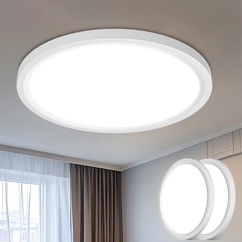 Image of libtit 16Inch Flush Mount LED Ceiling Light Fixture, 3000K 4000K 6500K Adjustable, 36W 3600lm White Satin Round Ceiling Lamp for Bathroom Shower Hallway Kitchen, 2 Pack