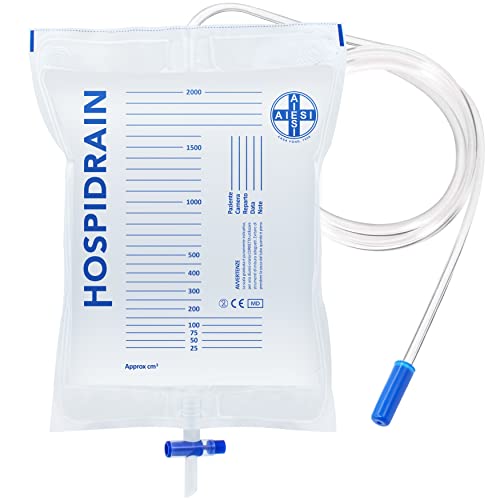 AIESI® Bolsas de orina de 2 litros tubo 120 cm con grifo de descarga cruzado (T) y válvula...