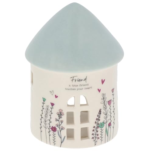 Shudehill Giftware Sweet Meadow Tealight House – Ceramic Candle Holder with True Friends Quote (Height 12.7cm x Width 9cm x Depth 9cm)
