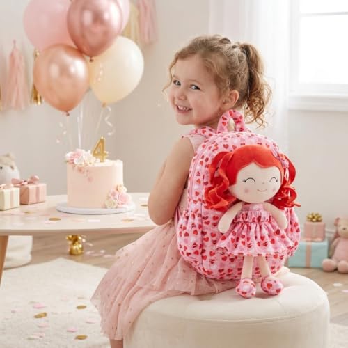 Image of Gloveleya Toddler Backpacks Baby Girl Gifts Curly Hair Plush Figures Dress Backpack - Red Head Loving Heart 11''