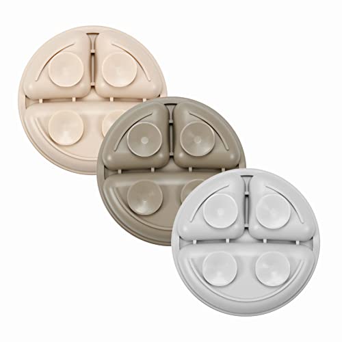 Pandaear Silicone Suction Plates For Babies & Toddlers, 3 Pack Divided Unbreakable Plates With Lid - Non-Slip - Dishwasher And Microwave Safe (Creamy Grey Brown) #TOP3