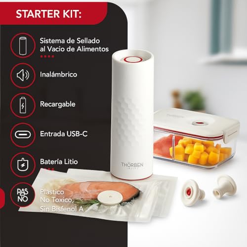 Miniatura 4 de Thörben Kit Envasadora Al Vacío Doméstica, Máquina Envasar Al Vacío Usb-C Con Bomba De Vacío Para Alimentos Inalámbrico, Tupper Al Vacío Cristal De Borosilicato 1l, 10 Resistentes Bolsas Reutilizables