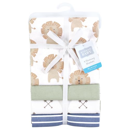Image of Hudson Baby Unisex Baby Cotton Flannel Receiving Blankets 4-Pack, Modern Lion, One Size