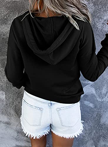 Dokotoo Womens Sweatshirts And Hoodies Front Button Collar Comfy Simple Plain Long Sleeve Drawstring Hoodies For Women With Pockets Hooded Pullover Casual Fashion Winter Autumn Shirt Tops Large Black #TOP1