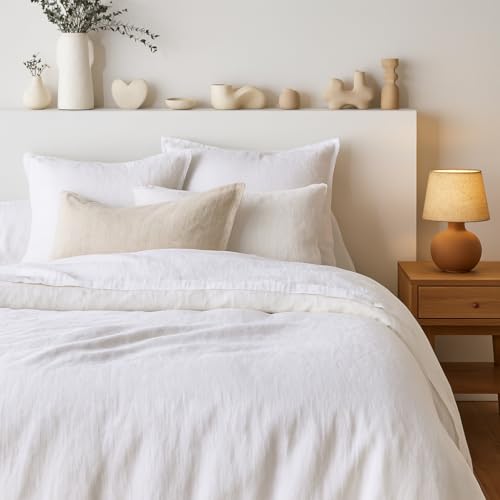 Tendance Perso - Parure de Couette 100% Pur Lin lavé Blanc – Housse de Couette 140x200 cm + 1 Taie 63x63 cm – Linge de Lit en Lin Naturel, Élégant et...