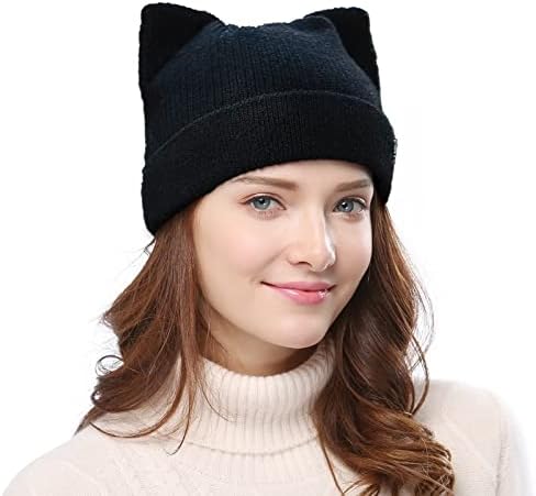 Crochet Hats for Women Cat Beanie Vintage Beanies Women Hat Grunge Accessories Slouchy Beanies with Horns Black
