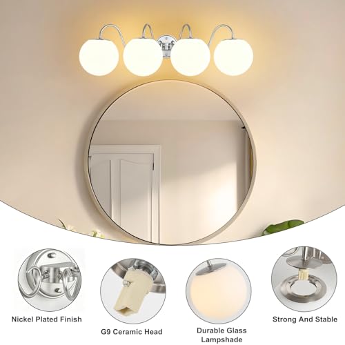 Image of Vintage Brushed Nickel Bathroom Vanity Light Fixtures Over Mirror 4 Lights