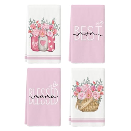 Artoid Mode Tulip Eucalyptus Leaves Vase Flower Basket Blessed Mama Mother's Day Kitchen Towels Dish Towels, 18x26 Inch Seasonal Best Mom Ever Decoration Hand Towels Set of 4