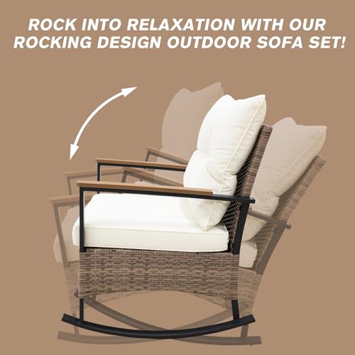 COOS BAY 3-Piece Outdoor Wicker Rocking Chair Bistro Set of 2 PE Rattan Rocker Chairs with Side Table for Garden, Lawn, Deck, Backyard - Thumbnail 4