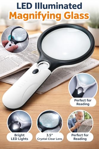 Image of LABART Magnifying Glass with 3 Led Light 3X & 45X Big Size Zoom Lenses for Seniors, Book and Newspaper Reading, Eyelash Extensions Magnifier Glass (Black and White) with 1 Year Warranty