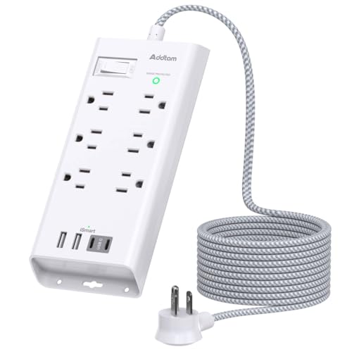 Image of Addtam Power Strip Surge Protector 6 Outlets and 3 USB Ports 5Ft Long Extension Cord, Flat Plug Overload Surge Protection Outlet Strip, Wall Mount for Home, Office and Dorm
