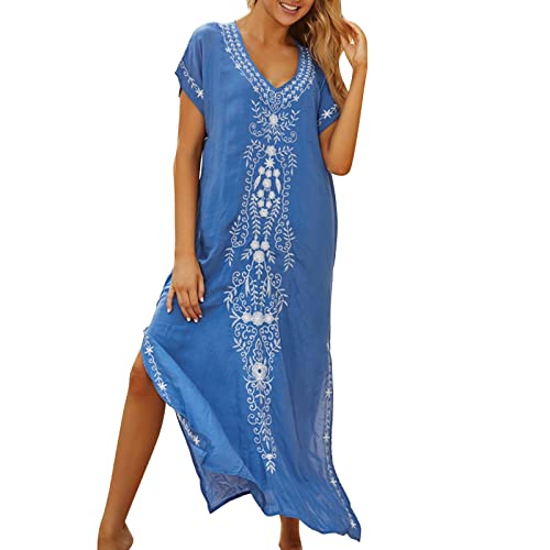 Bastwahl Femme Robe D Hotesse D Interieur - ÉTé Coton Brodé Floral LâChe Caftan Boho Beach Bikini Cover Up Robe Grande Taille