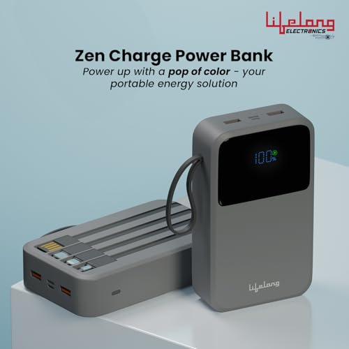 Image of Lifelong Electronics 20000mAh 22.5W Fast Charging Power Bank | 3 Inputs (1 Built-in USB A Cable + 1 C + 1 Lightning Port) & 6 Outputs (3 Built-in Cables + 1 C + 2 A Port) | Small Pocket Size Powerbank