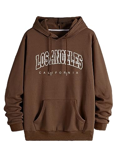 COZYEASE Men's Oversized Letter Graphic Drawstring Casual Hoodies Long Sleeve Vintage Street Hoodie Sweatshirts Chocolate Brown M