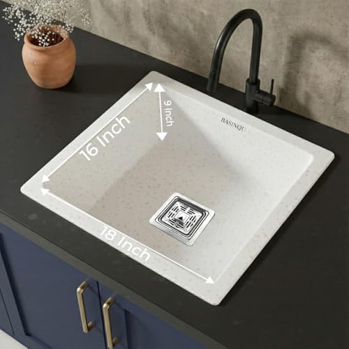 Image of BASINQU Quartz Sink for Kitchen | 18x16x9 Inches Rosa Single Bowl Kitchen Sink | Granite UV Protected, Granite Scratch Resistant, Undermount /Topmount