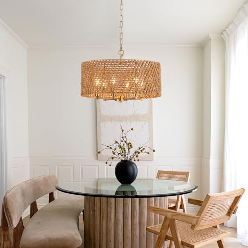 Image of 20 inch Boho Rattan Chandelier, 6-Light Gold Wicker Light Fixture