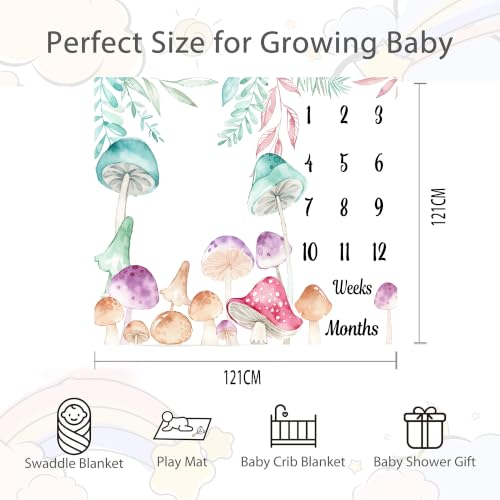 Image of Mushroom Theme Baby Monthly Milestone Blanket, Soft Flannel Watercolor Spring Tropical Eucalyptus Leaves Botanical Photography Prop Newborn Baby Shower Age Growth Tracker (Aqua, 48x48in)