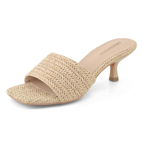 GRACESTRIDE Raffia Kitten Heels Women Sandals Khaki