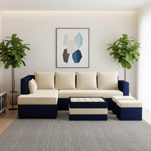 Image of CASASTYLE Stylify 8 Seater Fabric LHS L Shape Sofa Set with 1 Centre Table & 2 Ottoman (Cream-Dark Blue) 8-Person Seating with Premium Velvet Finish