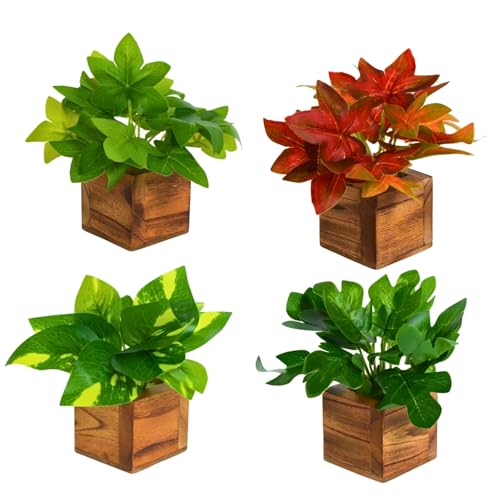 Image of DecoreBugs Artificial Leaves Potted Plants in Wooden Pot (4 Pack) Money Plant | Small Plants for Home Decor | Office Decor