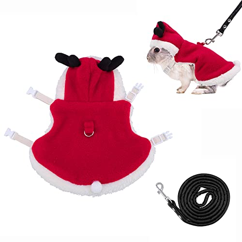 Image of Christmas Rabbit Harness and Leash Set Winter Warm Fleece Bunny Clothes Small Animal Elk Costume Cute Hoodie Outfit for Ferret Rat Party Clothes(Red /S)