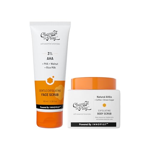 Image of Chemist At Play Exfoliating Body Scrub For Removing Tan & Dead Skin Cells + Gentle Exfoliating Face Scrub with Mandelic Acid & Walnuts | Removes Dead Skin & Blackheads | Smooth, Soft & Bright Care | Natural AHAs | 75g + 100ml