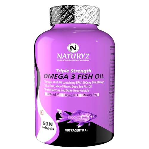 Naturyz Triple Strength Omega 3 Fish Oil with Highest Strength 2450 mg, 60 Capsules, Omega 3-6-9 Per Serving (EPA 1200mg DHA 800mg) Capsules For Men & Women