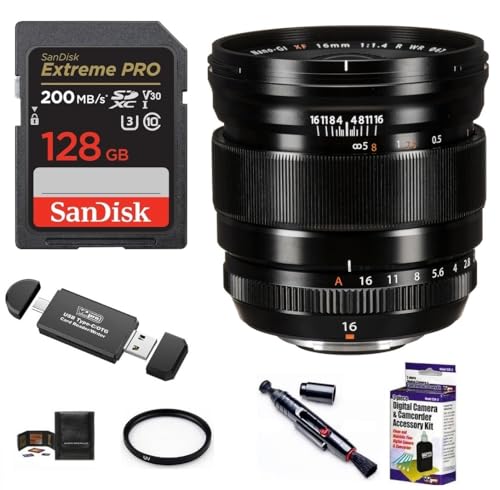 FUJIFILM XF 16mm f/1.4 R WR Lens Bundle, Includes: SanDisk 128GB Extreme PRO SDXC Memory Card, UV Protection Filter, Lens Cleaning Kit and More (7 Items)