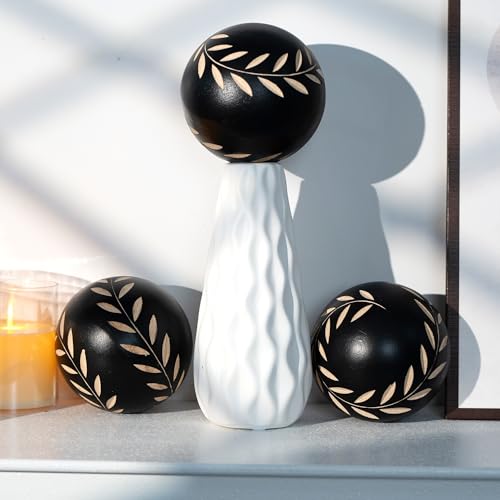 Decorative Orbs for Bowls and Vases, Set of 3, 4 inch Resin Round Sphere Balls, Leaf Pattern, for Living Room, Dining Room, Coffee Table Centerpiece Home Decor