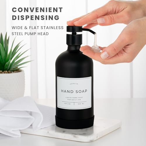 Image of Hand and Dish Soap Dispenser for Kitchen and Bathroom, Set of 2 16 Oz Glass Bottles, Stainless Steel Pumps, Non-Slip Silicone Base, 27 Waterproof Labels (Matte Black Bottle /Black Pump)