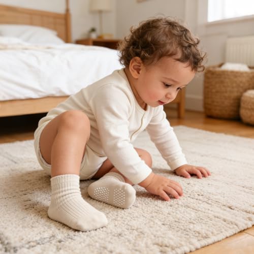 Image of Toddler Non Slip Cotton Crew Socks with Grips for Baby Boys Girls