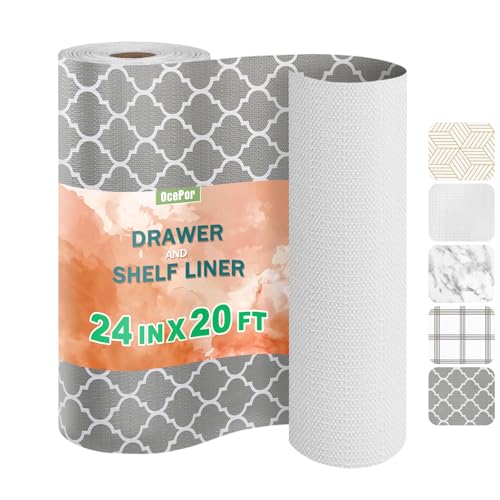 OcePor Non-Adhesive Drawer and Shelf Liner 24IN x 20FT,Non Slip Cabinet and Cupboard Liner, Kitchen Cabinet Liners for Shelves, Waterproof Drawer Shelf Liners for Cabinets/Bathroom Cupboard