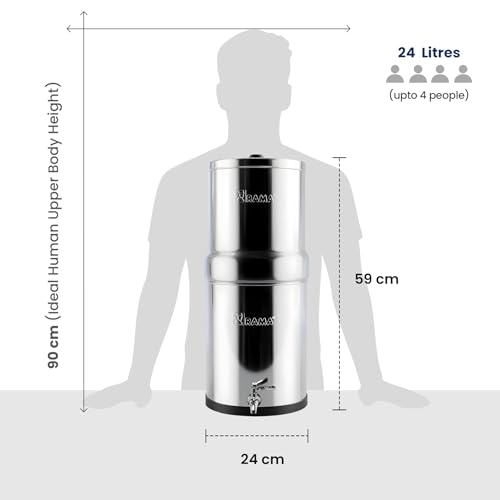 Image of RAMA Gravity Water Filter | 24L Total Capacity (12L Storage) | 304 Stainless Steel Non Electric Water Purifier Filter for Home | Includes 4 Spirit 7 inch Ceramic Candles & Steel Tap | 10-Year Warranty