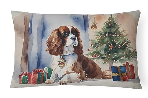 Caroline's Treasures DAC1313PW1216 Cavalier Spaniel Christmas Fabric Decorative Pillow Machine Washable, Indoor Outdoor Decorative Pillow for Couch, Bed or Patio, 12HX16W