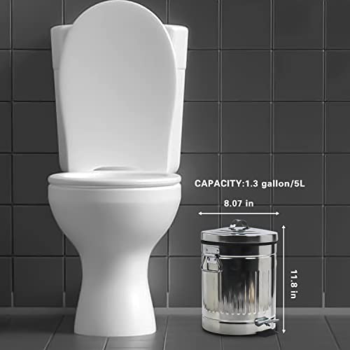 Small Trash Can With Lid-5L/1.3 Gal Stainless Steel Round Step Trash Can-Dog Poop Garbage Can-Retro Vintage Metal Wastebasket W/ Pedal For Outdoors Farmhouse Bathroom Bedroom Office-Galvanized Steel #TOP5