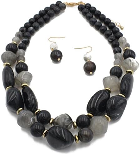 Shineland 2 Layer Jelly Colored Acrylic Handmade Statement Strand Chunky Beaded Fashion Necklaces and Earring (Style # 2 Black)