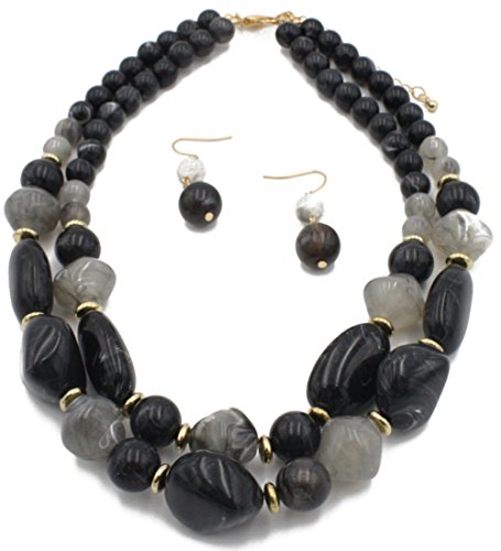 Shineland 2 Layer Jelly Colored Acrylic Handmade Statement Strand Chunky Beaded Fashion Necklaces And Earring (Style # 2 Black) #TOP21