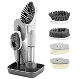 Soap Dispensing Scrub Brush - 4-in-1 Kitchen Cleaning Brush with Built-in Tank, Scraper Heads for Stubborn Grime on Pots Pans, Stand/Hang Storage-Grey