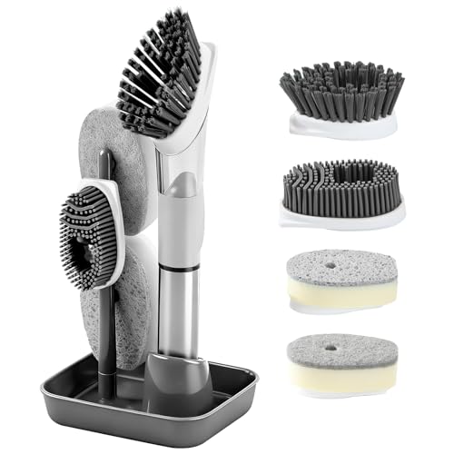 Soap Dispensing Scrub Brush - 4-in-1 Kitchen Cleaning Brush with Built-in Tank, Scraper Heads for Stubborn Grime on Pots Pans, Stand/Hang Storage-Grey