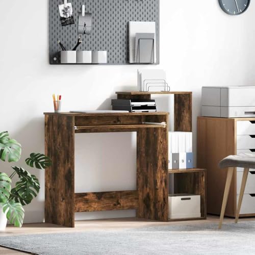 Foknhdi Computertisch Geräucherte Eiche 106 x 41 x 88,5 cm, massiver Holzwerkstoff mit Schublade & Regal, Modernes Design & Robustheit für Home Office Büro Gaming Wohnzimmer