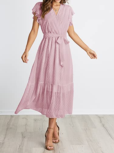 Image of BTFBM Women Summer Bohemian Floral Casual Wrap V Neck Ruffle Cap Sleeveless Belt A-Line Pleated Hem Midi Sun Dress White